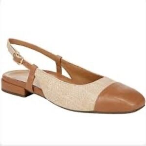 Vionic Petaluma Slingback Flats Tan Leather Raffia Square Toe Shoes 9.5 NWOT